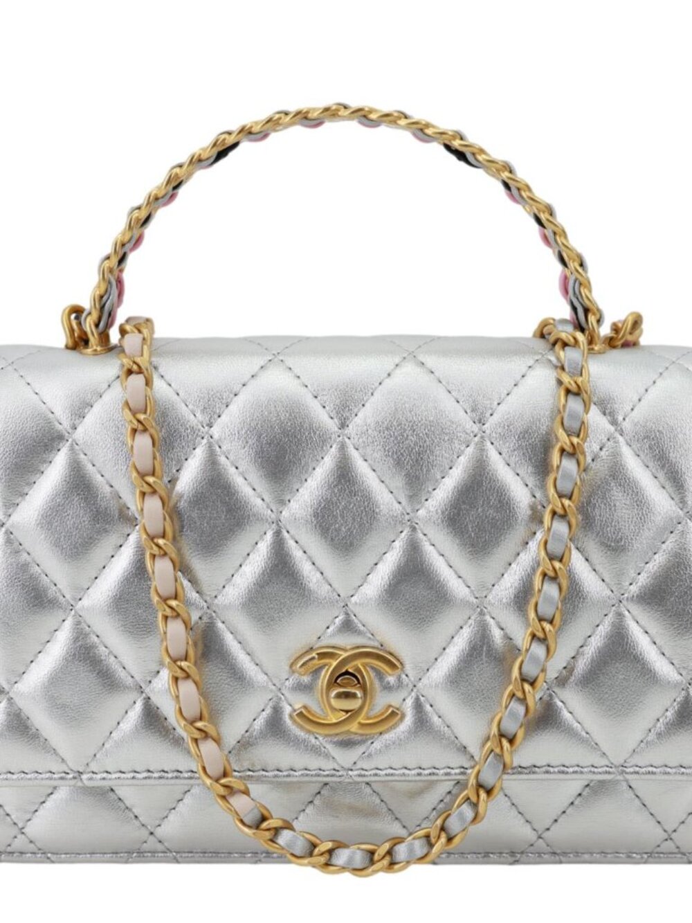 Chanel WOC Calfskin Leather Top Handle Crossbody Bag Metallic Silver